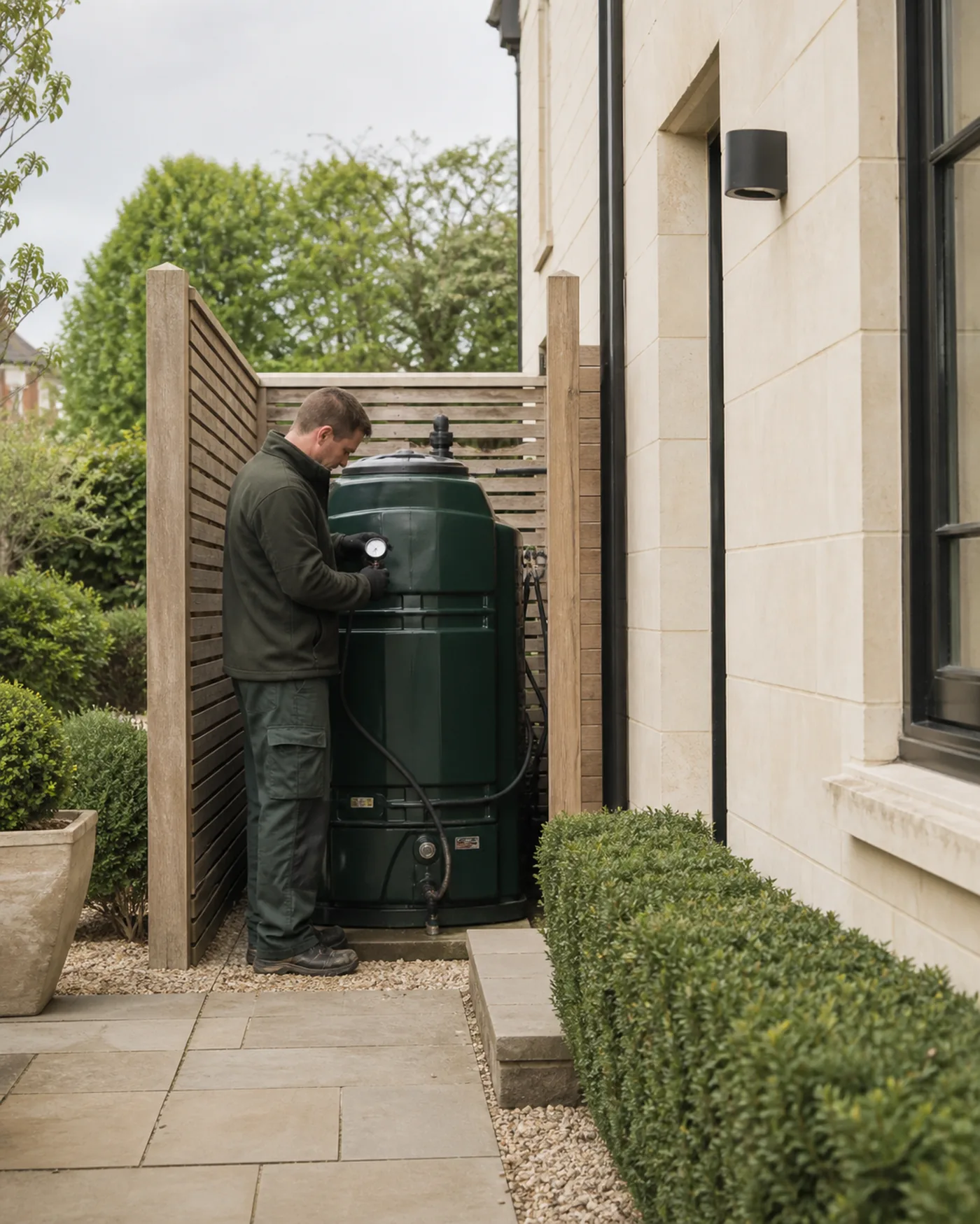 An oil tank being assessed beside a house before removal